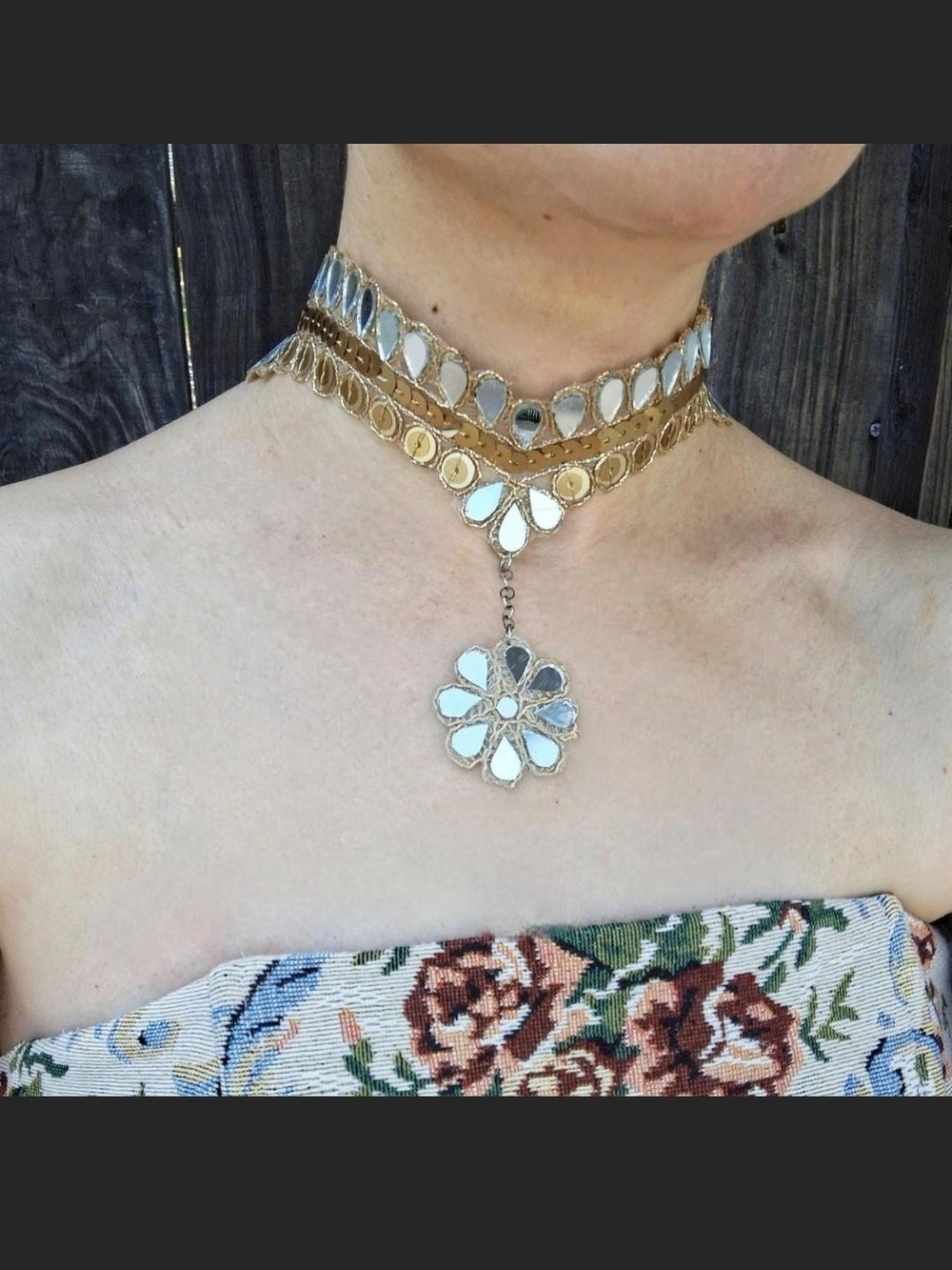 Handmade Gold Floral Mirror Choker Necklace - Women's Jewelry - Picture 3 of 8